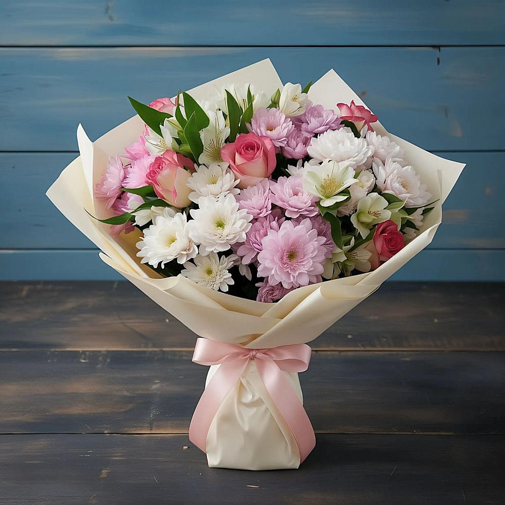 Букет цветов из: Хризантемы, Альстромерии и Розы в Кулаково